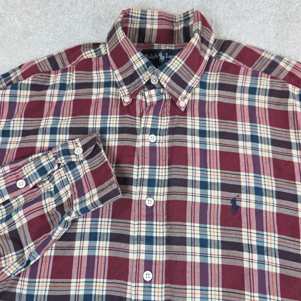 Polo Ralph Lauren Blaire Shirt Mens M Maroon Red Blue Plaid Oxford Button Down